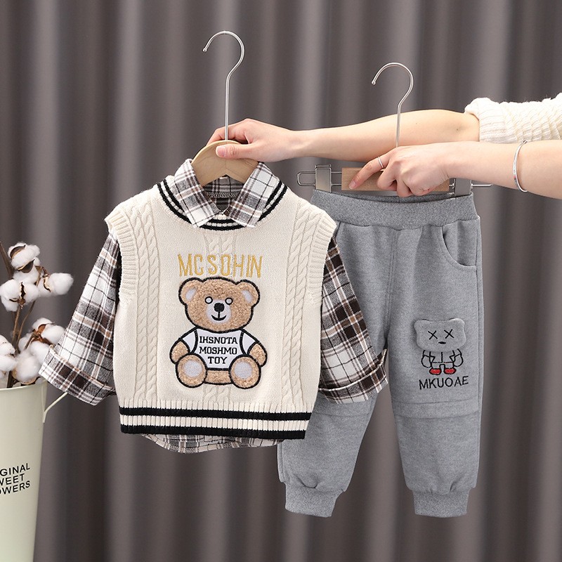 OLEKID 2022 New Spring Autumn 3pcs Boys Clothes Set Cartoon Bear Sweater Sweater Long Sleeve Shirts Cotton Pants Baby Boys Clothes