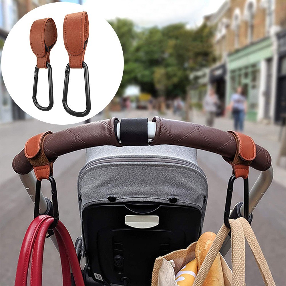 PU Leather Baby Stroller Hook Bag Hanging Bags Holder 360 Degree Rotate Pram Stroller Velcro Organizer Strap Stroller Accessories