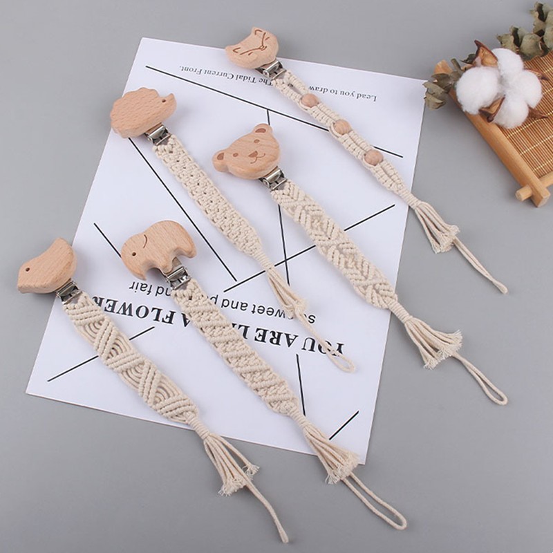 Baby Safety Infant Toddler Doll Pacifier Soother Nipple Chain Strap Holder Handmade Braided Cotton Rope Wooden Pacifier Clips