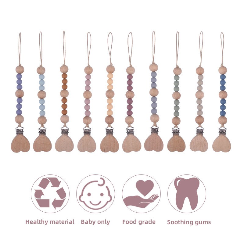 Safety Wooden Teether Baby Toddler Baby Doll Pacifier Silicone Soother Nipple Clip Chain Strap Holder Baby Chew Toy for Baby