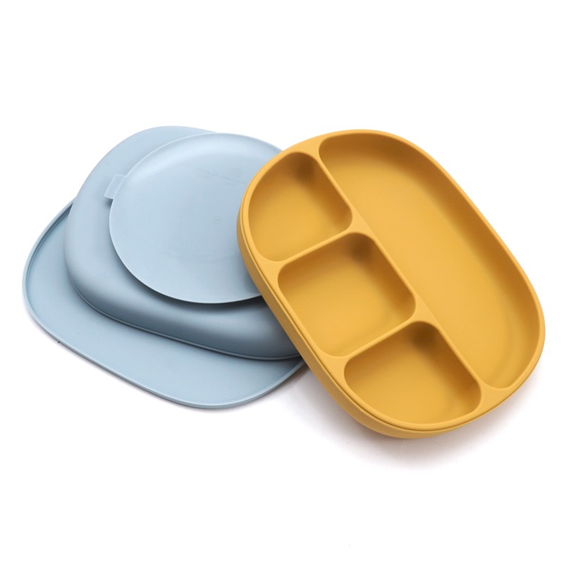 Silicone Baby Dinner Plate With Four Separating Compartments Strong Suction Cup With Lid Silicone Macaron Fresh Color BPA Free