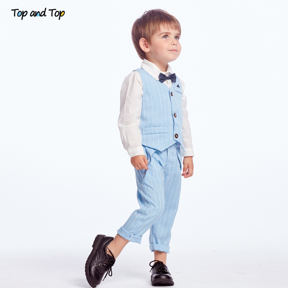 Best and top spring and autumn baby boy gentleman suit white shirt with bow tie striped jacket trousers 3pcs formal kids clothes set