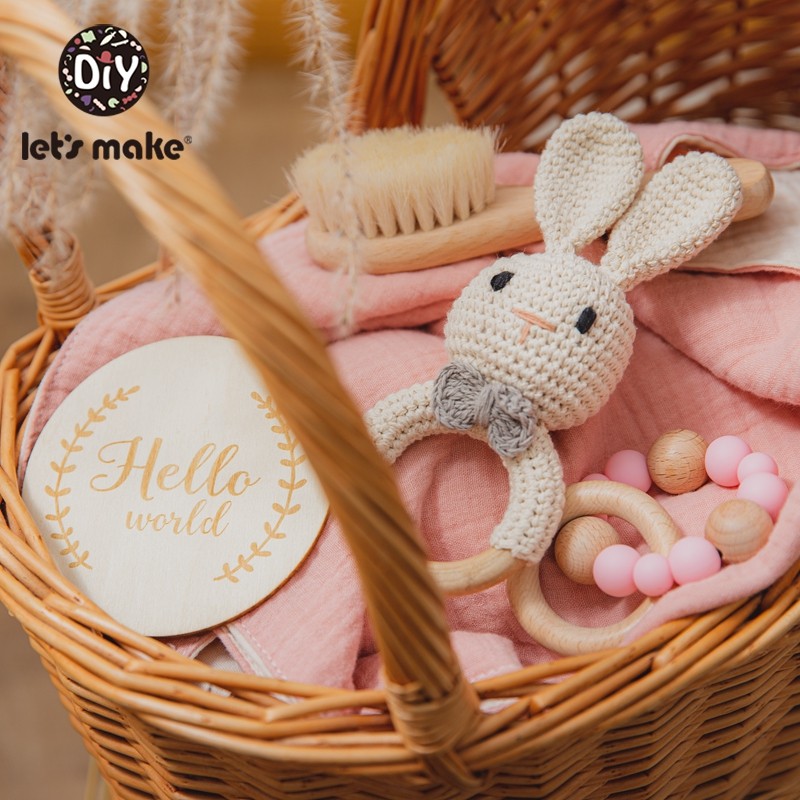 Let's Make Baby Bath Toy Set Double Sided Cotton Blanket Wooden Rattle Bracelet Crochet Toys Baby Birth Gift Products For Kids