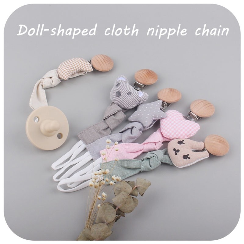 Baby Teether Buckle Beech Wood Cotton Linen Pacifier Chain Dummy Nipple Soother Holder Leash Belt for Newborn Babies