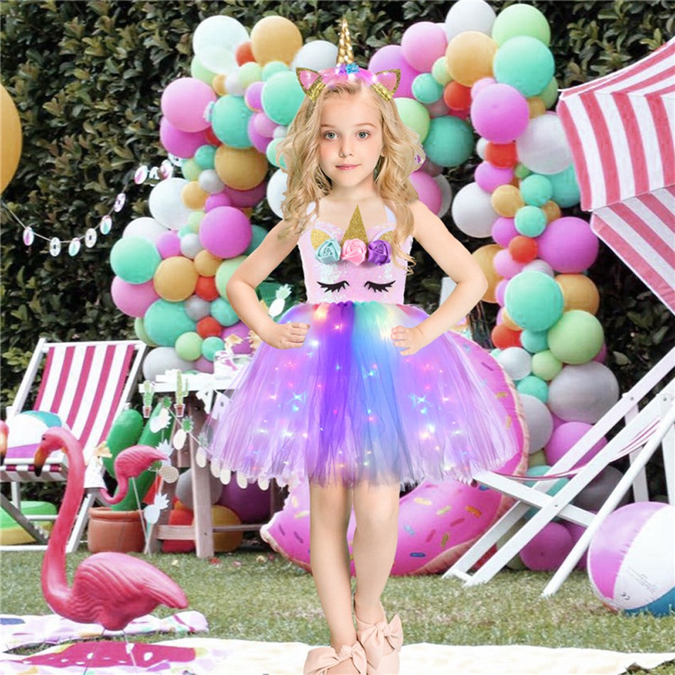 Girl Unicorn Dresses for Girls Tutu Princess Party Dresses with LED Lights Flower Birthday Party Cosplay Costume Girls Clothing