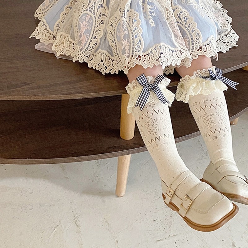 Baby Breathable Lolita Lace Socks Children Kids Bowknot Middle Tube Socks Spring Summer Autumn Warm Stocking Knee High