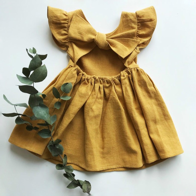 New Baby Girls Dress Bow Cotton Fly Sleeve Ruffles Lace Summer Pure Color Children Princess Skirt Kids Clothes