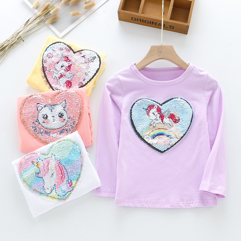 Long Sleeve Children Kids Girls T-shirt Unicorn Sequin Cotton Tops Tees Tops Fashion Girls Clothes