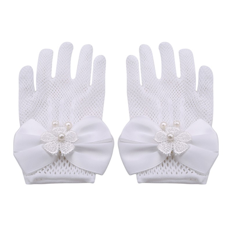 Exquisite White Lace Faux Pearl Fishnet Gloves Communion Flower for 4-15 Years Girls Kids Bride Party Accessories