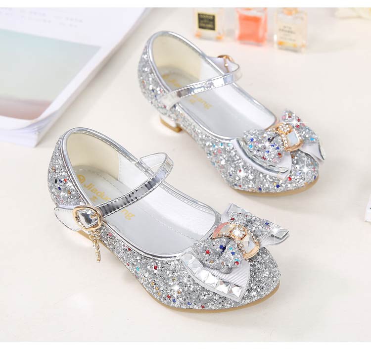 ULKNN-Girls Princess Leather Shoes Casual Floral Sequin High Heel Butterfly Bowknot Shoes Blue Pink Silver