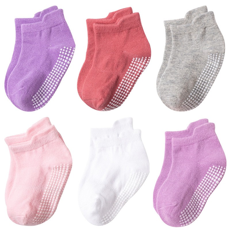 6 Pairs 0-5 Years Cotton Children Anti-Slip Boat Socks for Boys Girl Low Cut Floor Toddler Ankle Sock with Rubber Grips Four Season