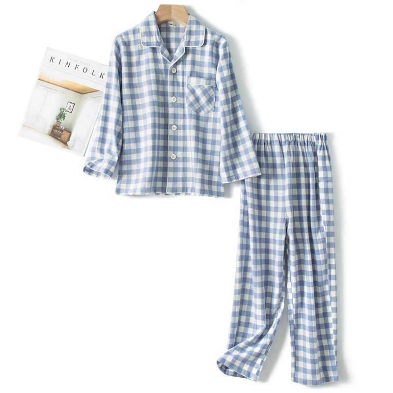 2021 Spring Fall Fall Winter Boys Girls Button Down Pajamas Childeren Baby Clothing Set Brushed Finish Cotton Plaid Homewear