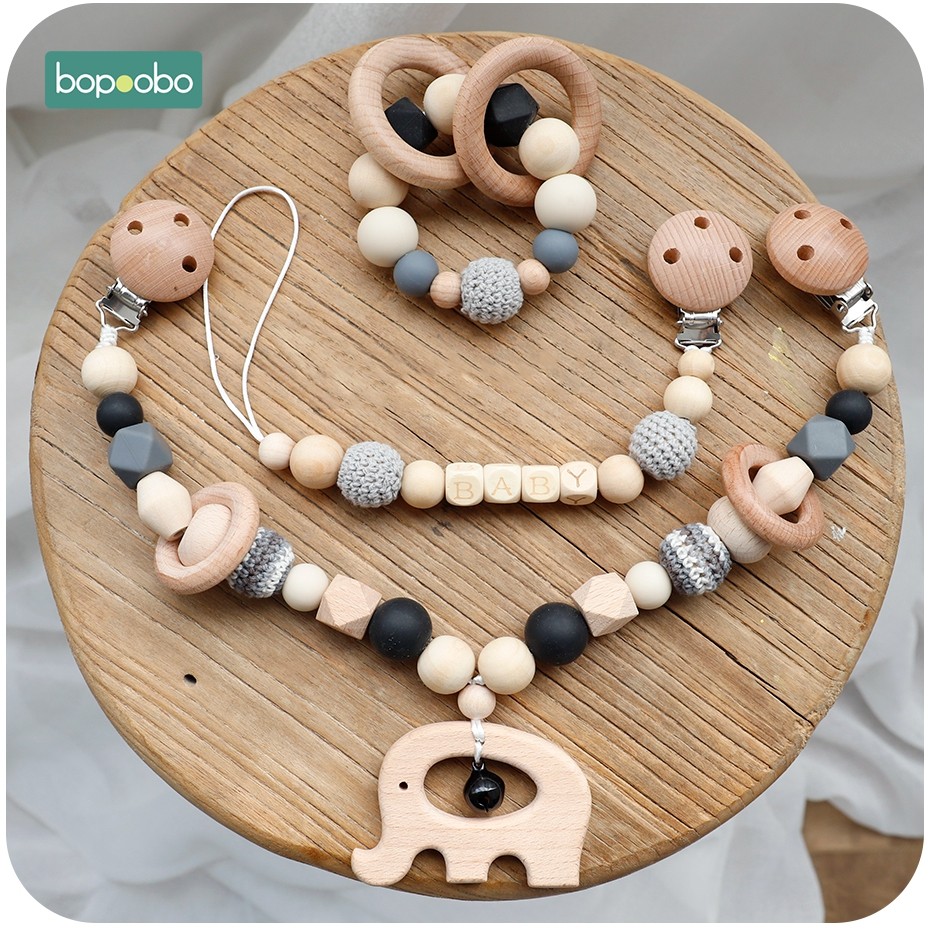 Baby Wooden Toy Stroller Clip Baby Mobile Stroller Customized Silicone Pill Pacifier Chain Chew Silicone Rattle Baby Wooden Teether