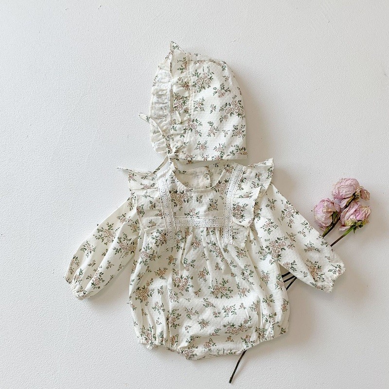 2pcs korean lace ruffle cute baby romper with hat set infant vintage floral long sleeve jumpsuit baby boy girl sweet clothes