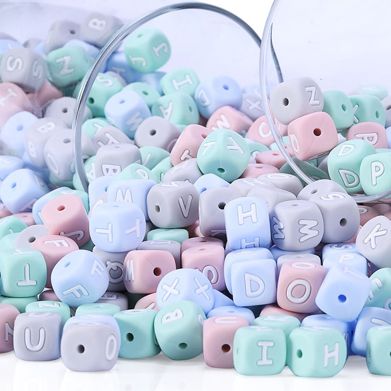 Kisstether 100pcs Silicone Teether Baby Toys Chew Pendant Decoration DIY Food Grade Silicone Letter Beads Pink Silicone Beads