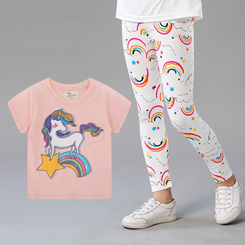 2pcs Kids Clothes Set Summer T-shirt Leggings Little Girl Print T-shirt and Pants Outfits Baby Girl Leggings