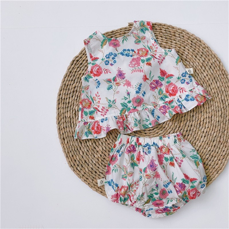 Vintage Floral Baby Girls Clothes Sets for Summer Cotton Infant Girls Clothes Tops + Bloomer 2pcs Baby Girl Clothes