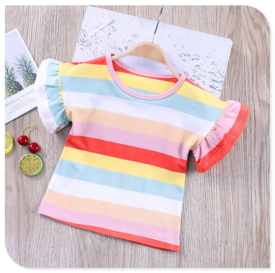 Girls Striped T-Shirt 2021 New Korean Baby Fashion Rainbow Shirts With Ruffle Sleeves Children All-match Tees 12M-8T JYF