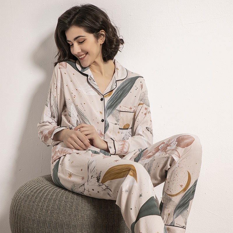 Starry Sky and Floral Printed Women Pajamas Set Comfort Cotton Silk Full Sleeve Homewear Tender Ladies Spring Casual Wear