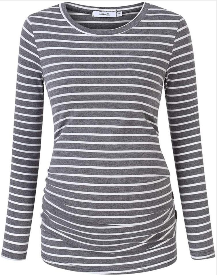 Maternity Pregnant Mother Striped T-shirt Long Sleeve Nursing Clothes Autumn Simple Fashion Round Neck Tops Breastfeeding Clothes