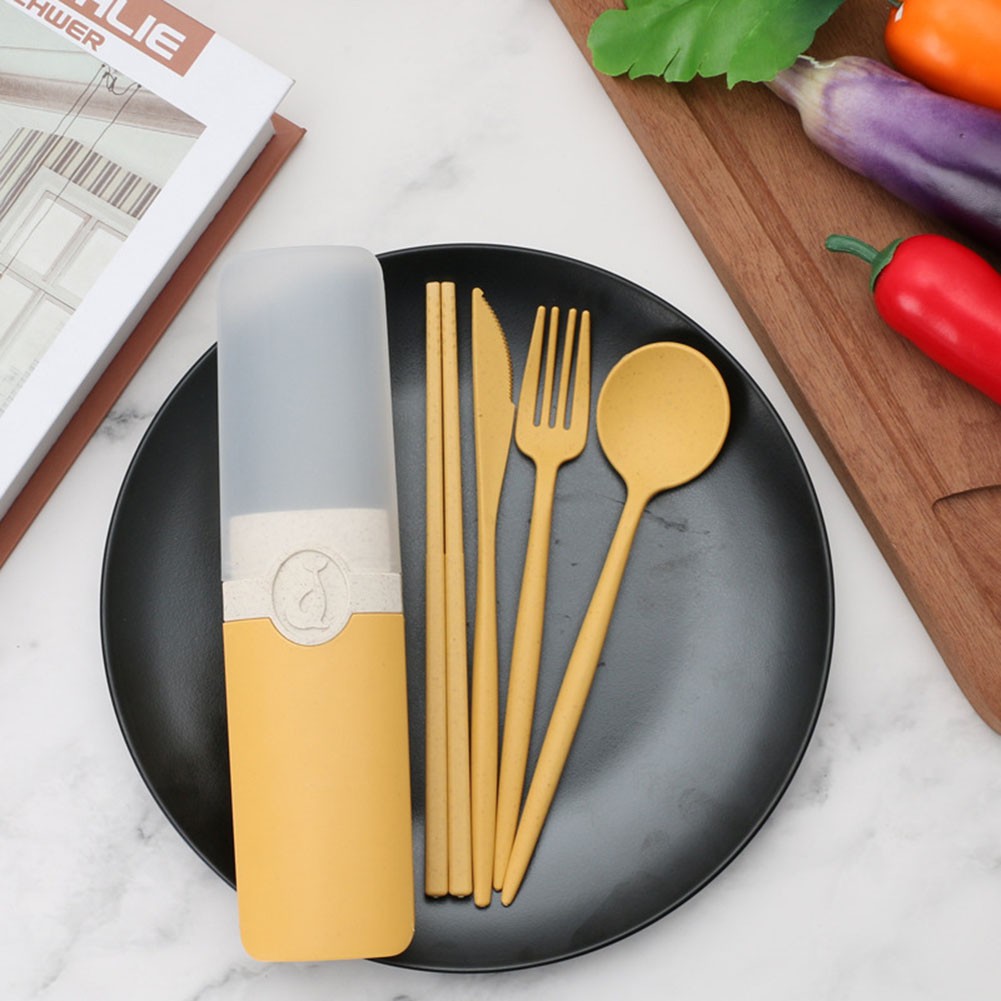 Portable Reusable Spoon Fork Chopsticks Knife Wheat Straw Tableware Cutlery Set Travel Camping Dinnerware Kids Cutlery Sets