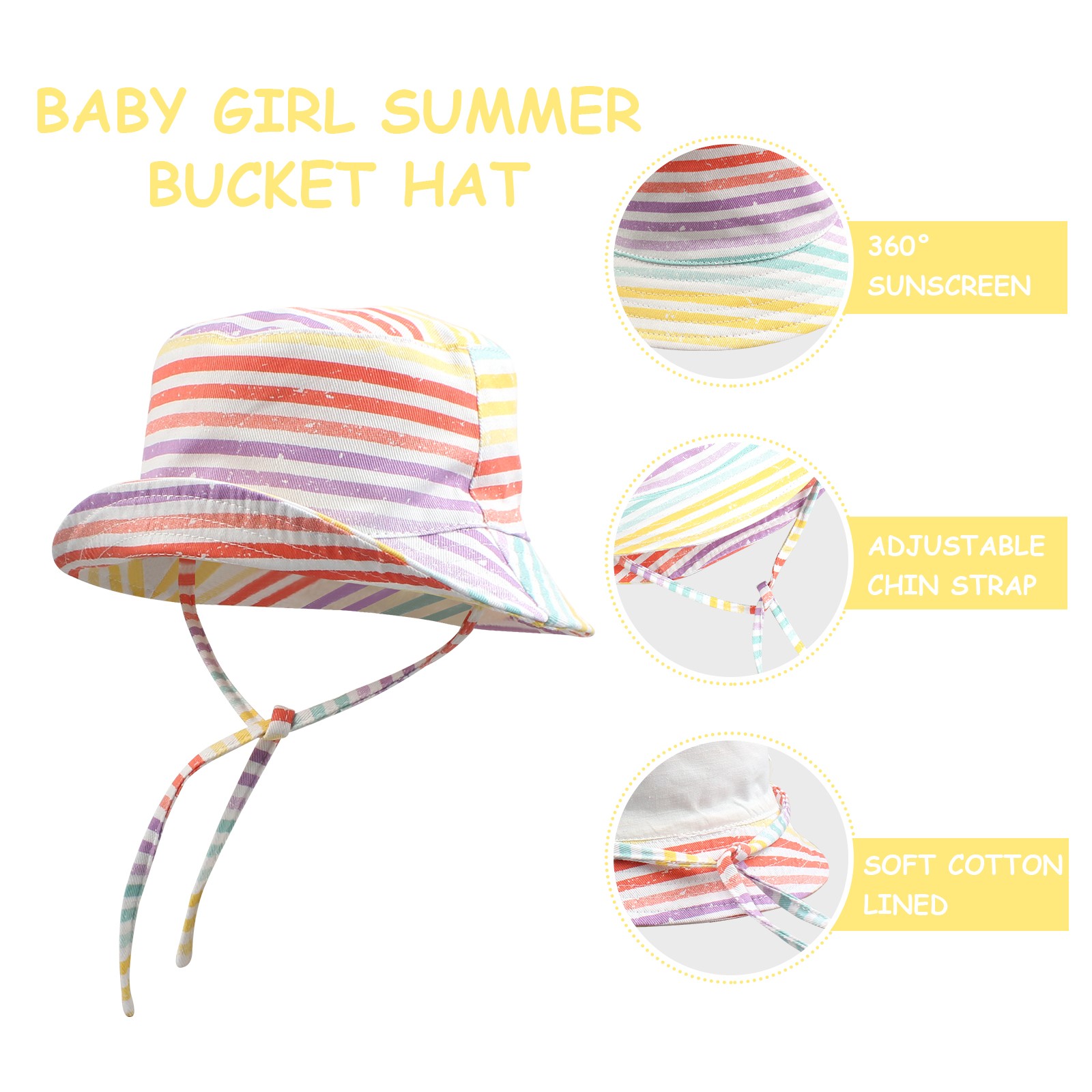 Spring Summer Sun Shading Fisherman Hat Kids Rainbow Stripe Bucket Cap Child Adjustable Portable Hat