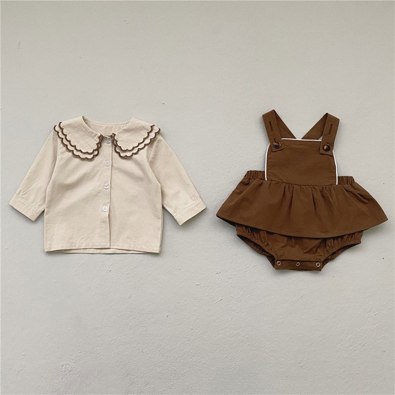 2pcs Baby Girls Clothing Sets Newborn Baby Girls Beige Doll Collar Long Sleeve Top Brown Jumpsuit Spring Baby Clothes