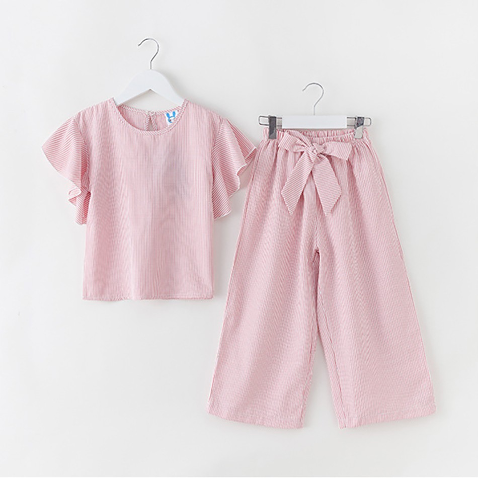 Korean Big Girls Summer Clothing Set 2021 New Kids Striped Ruffle Sleeve Wide Leg Pants Fashion Two Pieces Teenage Clothes JYF