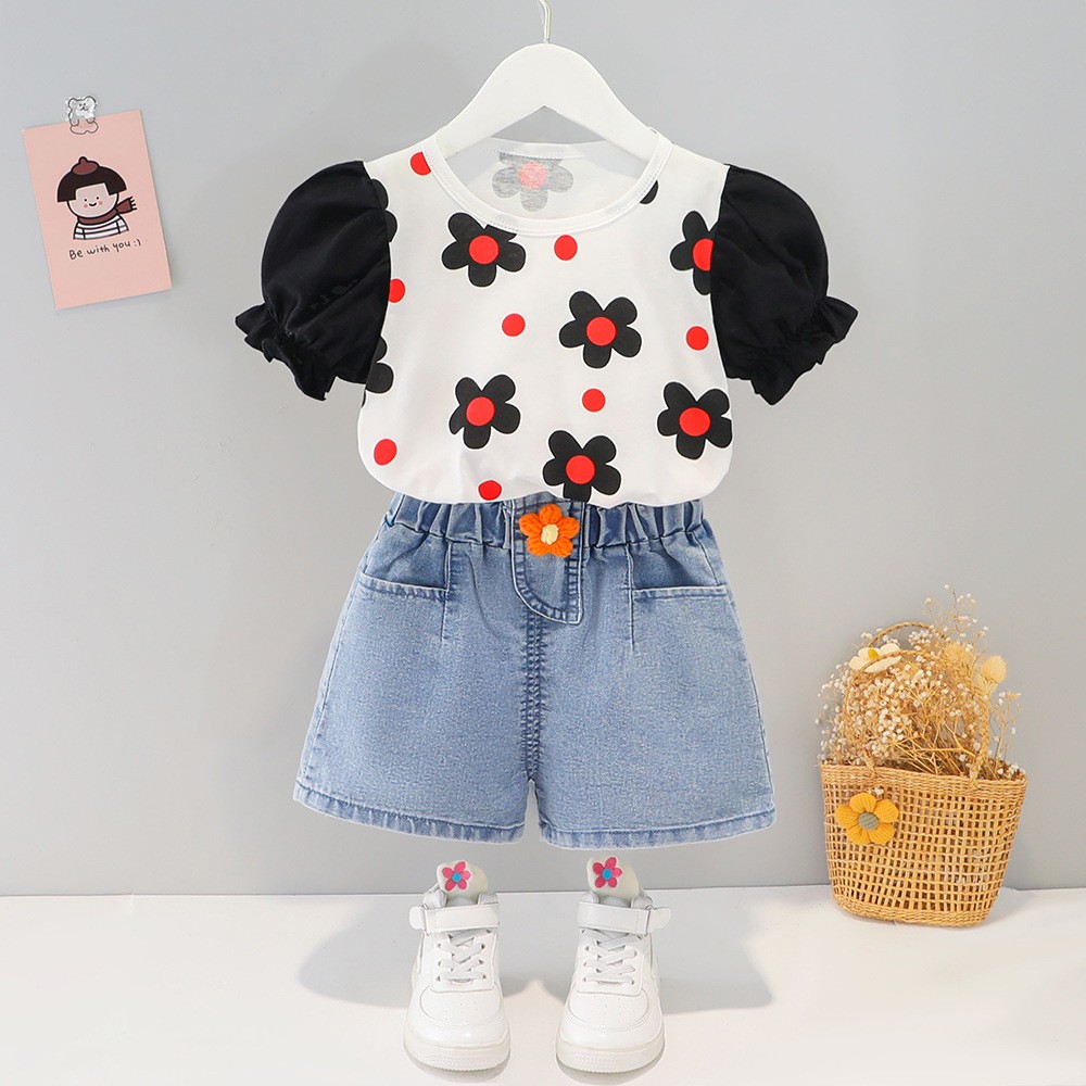 Girls suit 2022 new summer Korean style children's summer clothes baby girls small flower short-sleeved clothes two-piece suit