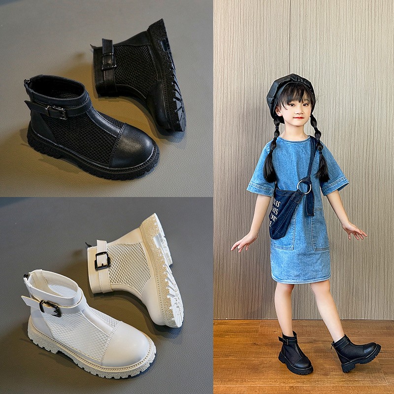 Girls Martin boots 2022 children's spring and summer new thin mesh hollow short boots kids fashion British style black breathable