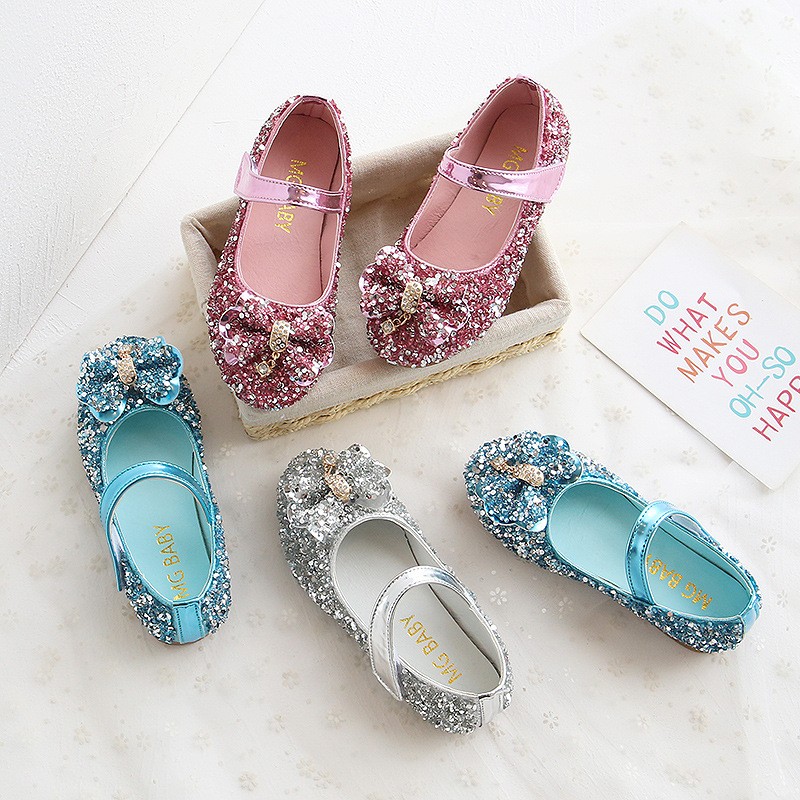 Fashion girls princess shoes bow sequins leather children shoes 2022 new spring wedding party dance round makeup mirror for kids