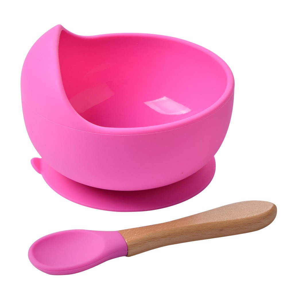 Baby Silicone Bowl Feeding Tableware Children Suction Bowl Plate Wooden Handle Silicone Spoon Dish Set For Baby Kitchen Utensils