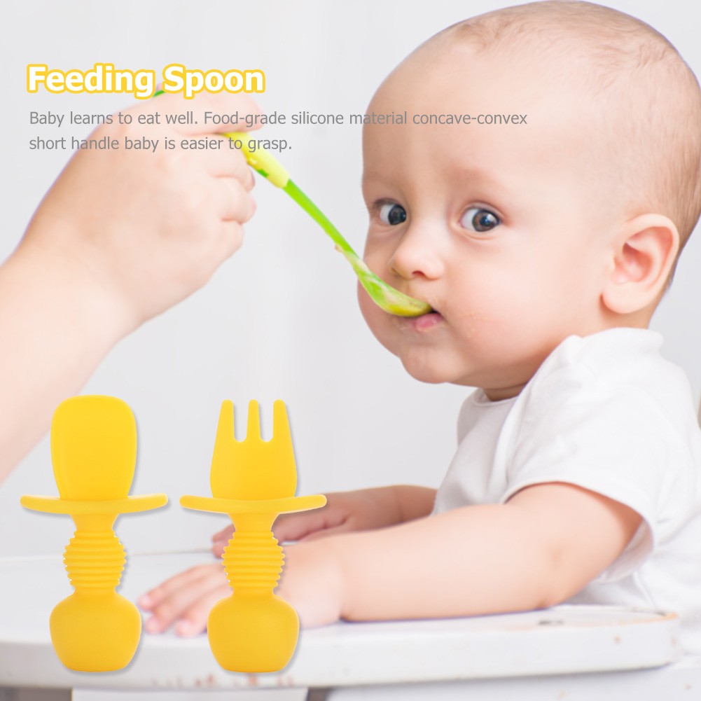 Food Grade Infant Small Silicone Cutlery Set Baby Soft Kitchen Joining Fork Spoon Kids Portable Soild Color Small Spoon