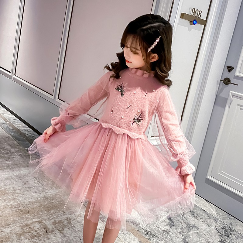 WKPK New Spring Autumn Girls Dress Leisure Fashion Children Clothes Pearl Long Sleeve Children Dresses Comfortable Soft Gauze Skirt