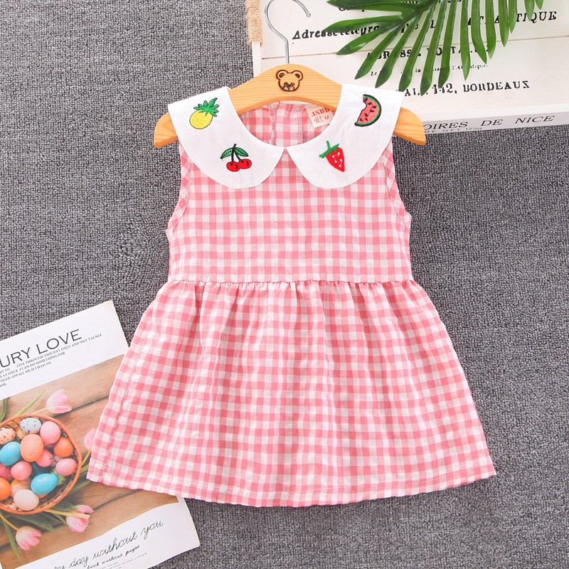 Summer Toddler Girls Sweet Dress 2021 New Casual Fashion Kids Plaid Skirt Baby Peter Pan Collar with Fruit Printed Clothing