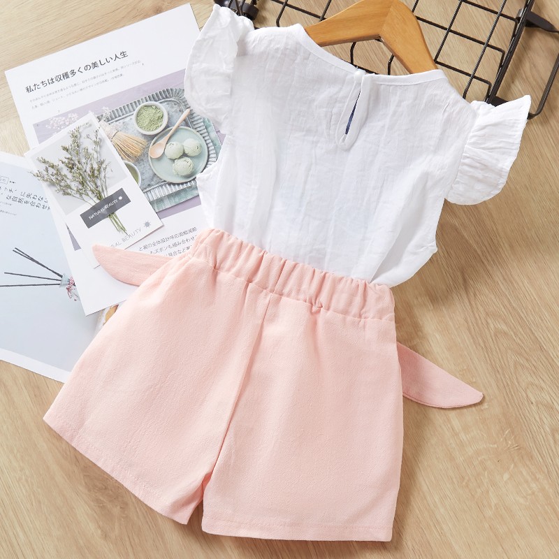 Menoea 2022 New Spring Summer Kids Girls Clothes Sets Fashion Flower Embroidery T-shirts+Bow Shorts 2Pcs Suits Children Clothing