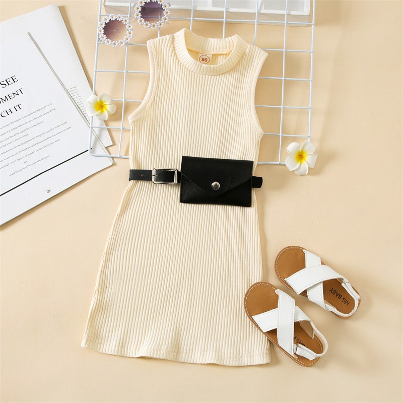 Girls Casual Dresses 2022 New Summer Kids Baby Solid Color Sleeveless Costumes Belt Bag Birthday Party Princess Vestidos