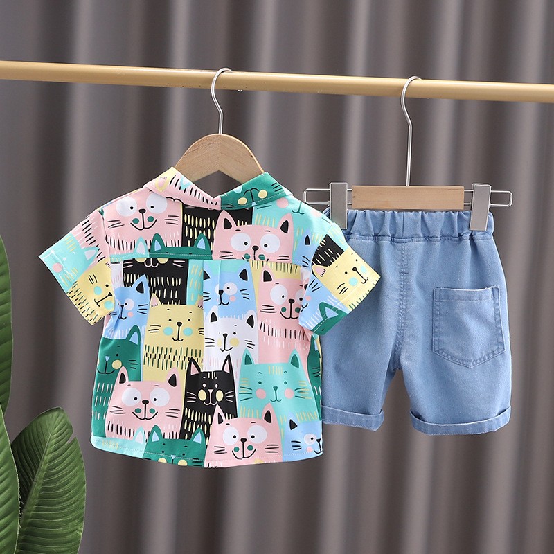 Baby Boy Boys Clothes Cotton Short Sleeve Animal Print Gentleman T-shirts Short Jeans Set Baby Outfits Boy's Clothing Suit