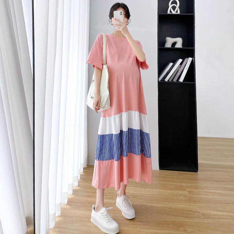 Summer Women Pregnancy Cloth Plus Size Loose Knitted Cotton Patchwork Maternity Long Dress Casual Striped Clothes for Pregnant Women