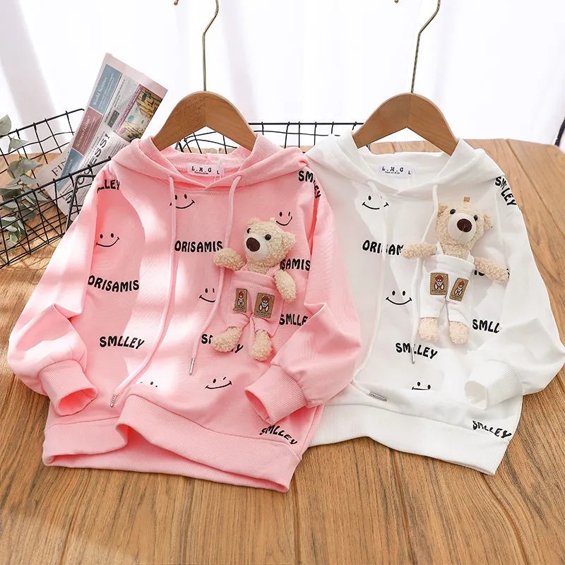 Spring and autumn cotton blend girls hoodie new 2022 Korean version sweet little bear style print casual children's clothing