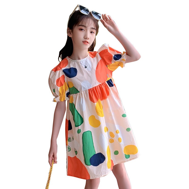 Big Girls Colorful Dress Kids Dresses for Girls Puff Sleeve Beach Dress Kids Girls Clothes 4 to 14 Summer Dress