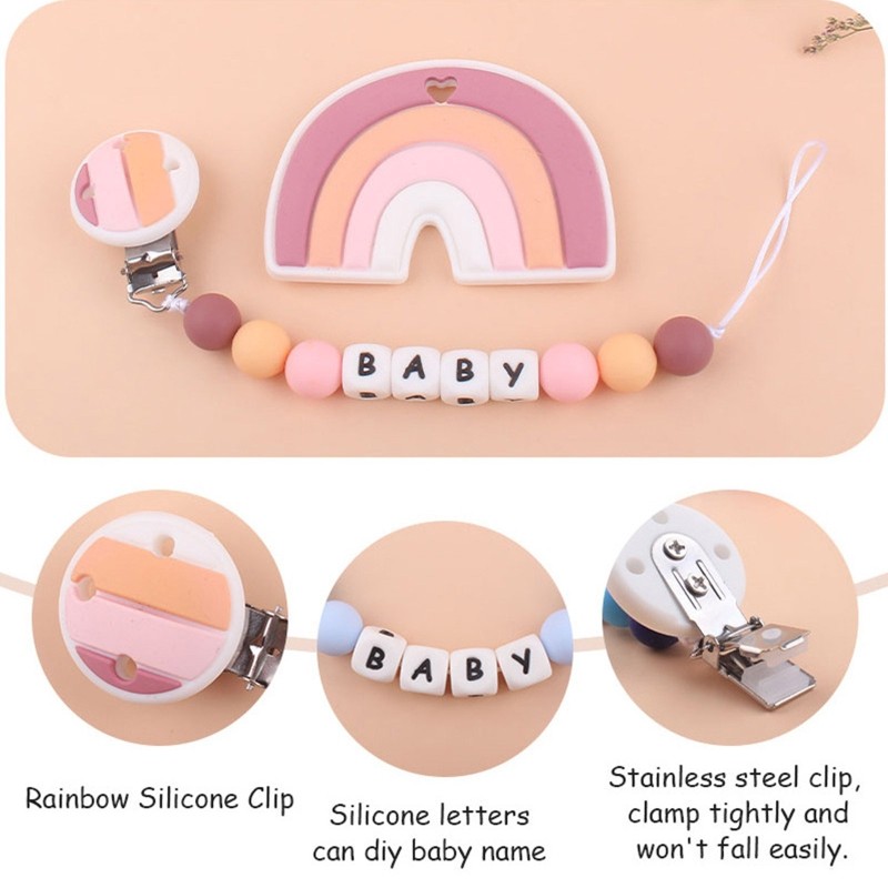 2pcs Baby Pacifier Chain Clip Rainbow Teether Set Newborn Nipple Dummy Clip Holder Silicone Teething Soother Molar Toys QX2D