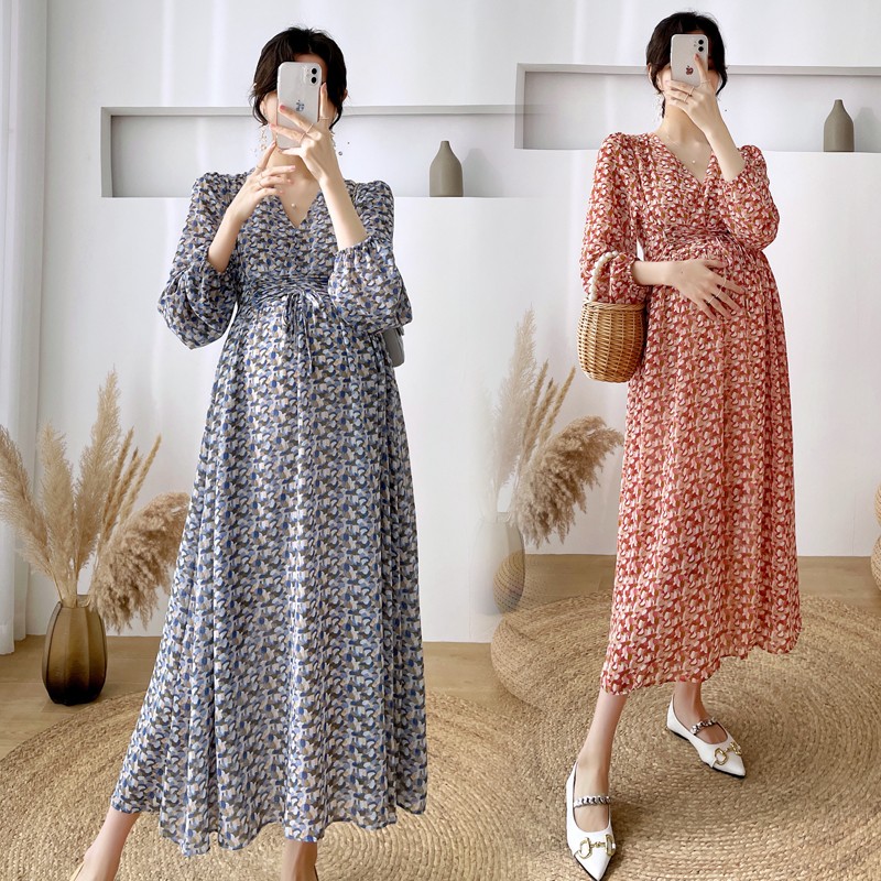 Spring Long Loose Pregnancy Floral Dresses Pregnant Women Clothes Loose Dress with Belt High Waist Maternity Chiffon Beach Dress