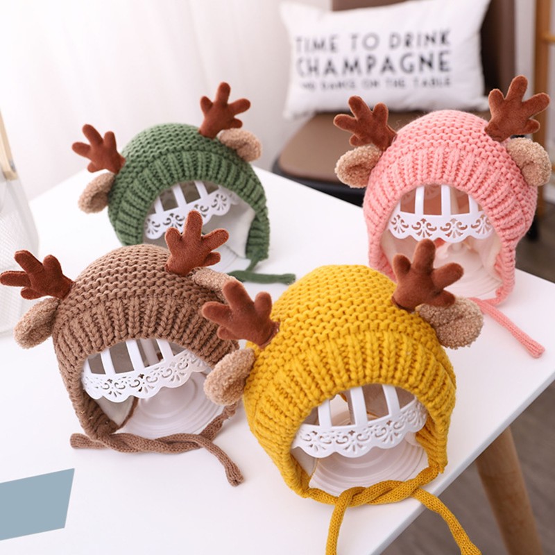 Cute Deer Elk Antlers Baby Hat Winter Warm Plush Knitted Ear Warmer Children Hat Bonnet Boys Girls Beanie Hat Christmas Hats