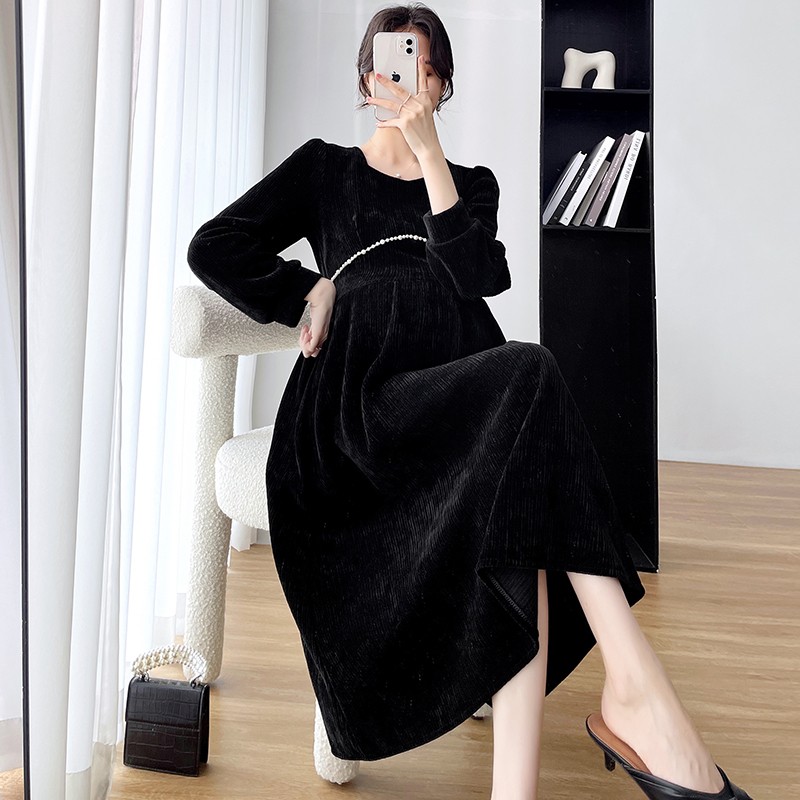 Spring Women Corduroy Pregnancy Women Dress Long Sleeve Maternity Long Dress Chic Ins Elegant A-Line Slim Clothes for Pregnant Women