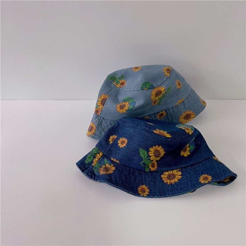 MILANCEL 2022 summer children's denim bucket hat sunflower print large brim hat