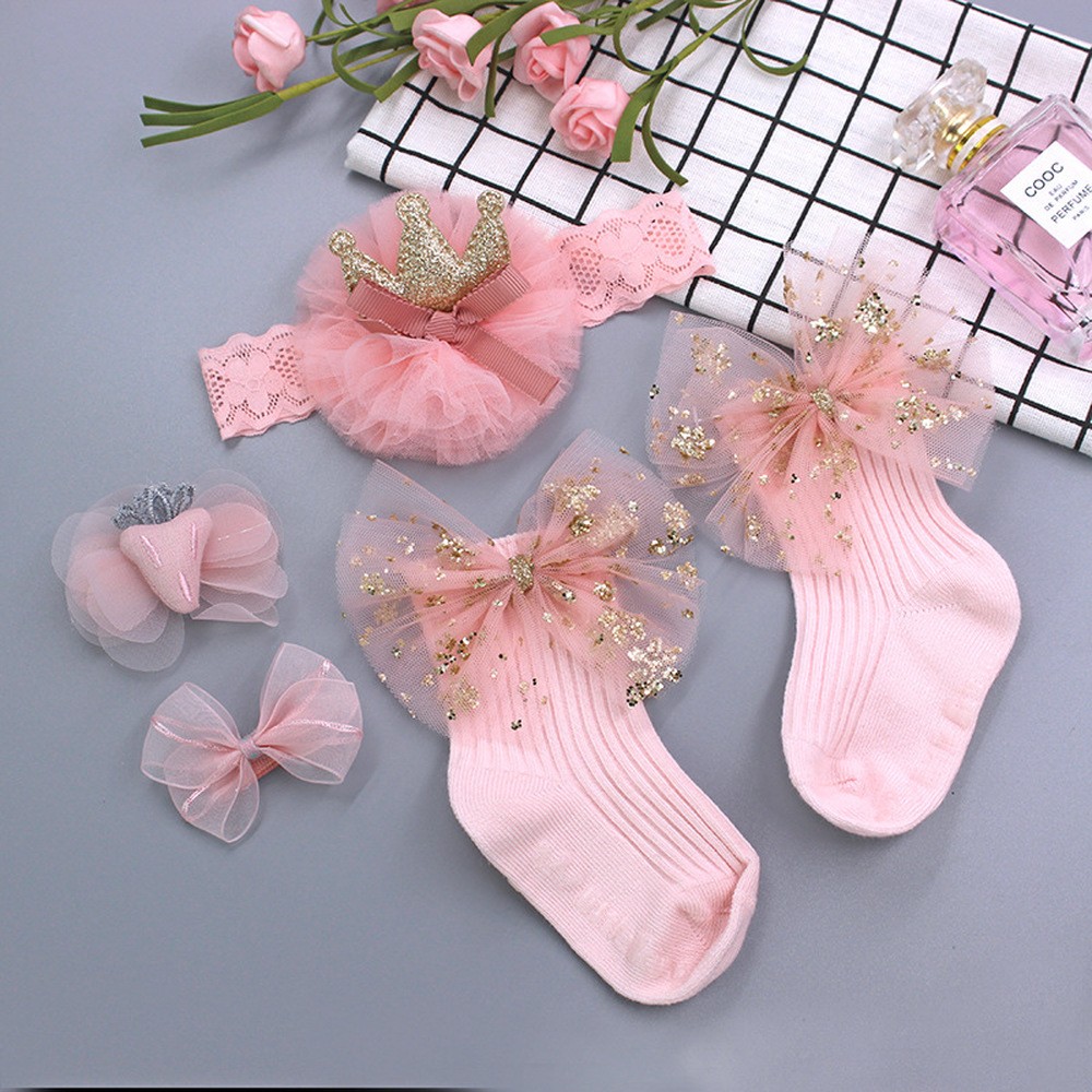 Baby Girl Lace Flower Headband Socks Set Cotton Baby Socks Newborn Socks Anti Slip Floor Socks Elastic Baby Hair Band