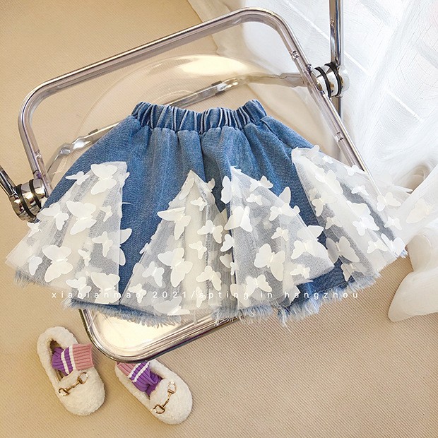 2pcs/set Kids Girl Clothes French Shirt Three-dimensional Butterfly Denim Skirt Fashion Casual Summer Children Clothing Suit