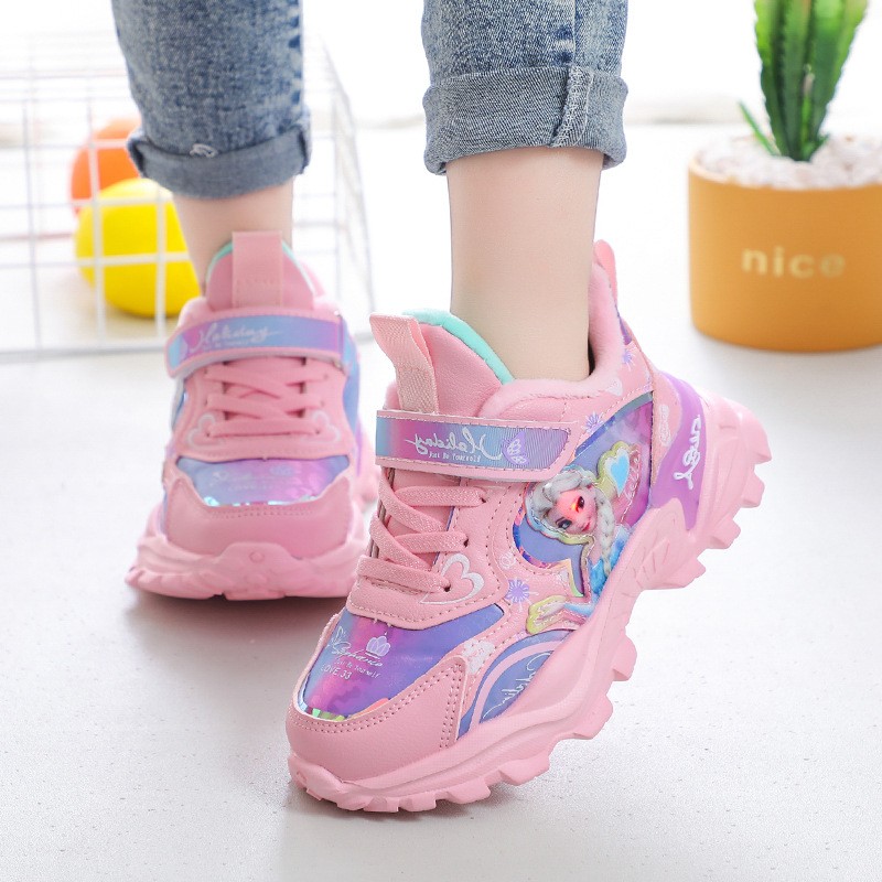 Disney girls' cotton sports shoes for children plus velvet warm Elsa princess students winter new children's running shoes