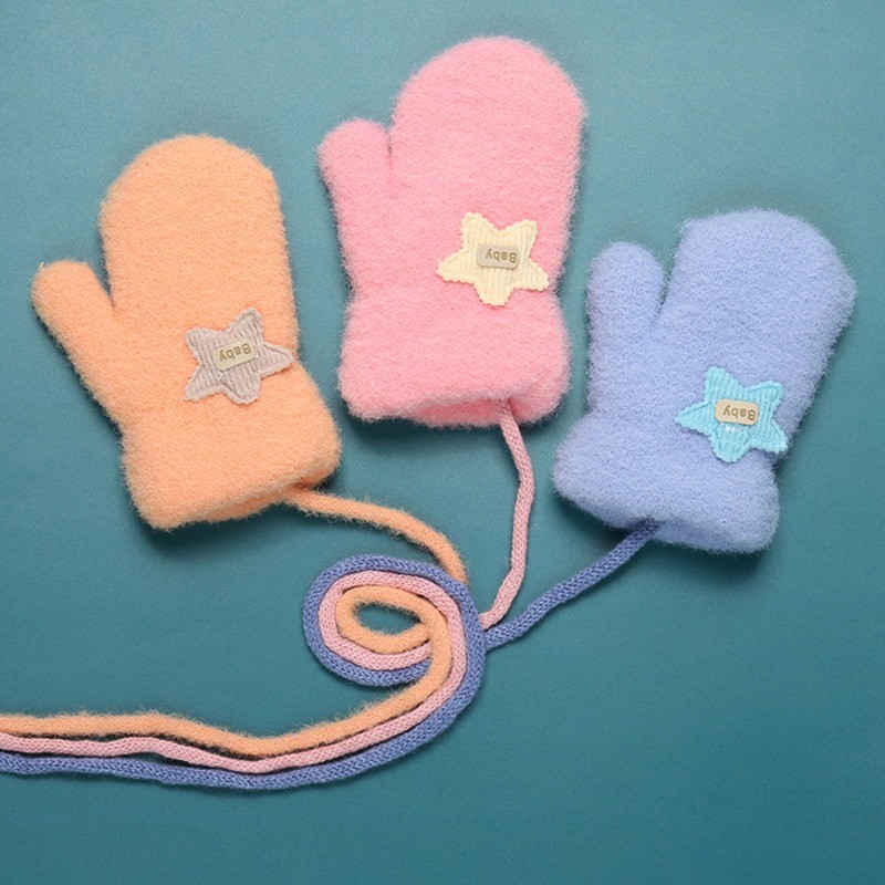 0-2Y Soft Plus Velvet Baby Boys Girls Gloves Newborn Mittens Outdoor Warm Rope Full Finger Kids Gloves Children Thick Fleece